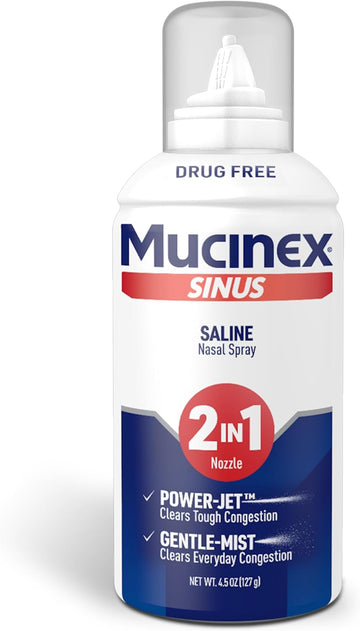 Mucinex Sinus Saline Nasal Spray & Sinus Rinse, Drug-Free, Additive Free, Non-Drowsy Nasal Irrigation With 2-In-1 Jet + Mist Spray Nozzle For Cold & Allergy Season, 4.5Oz Saline Solution Spray