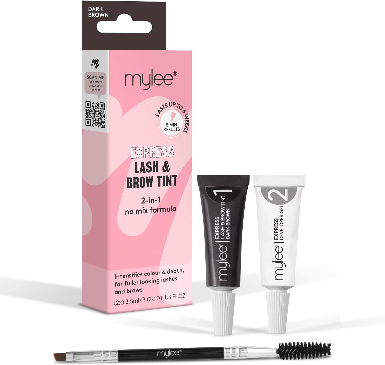 Mylee Express Lash & Brow Kit – 2 In 1 No Mix Formula, Tint + Developer Gel + Double Sided Brush, Professional Eyelash & Eyebrow Dye Tinting, Long Lasting, Semi-Permanent, Fast & Easy (Dark Brown)