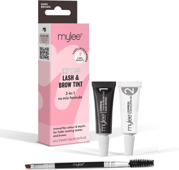 Mylee Express Lash & Brow Kit – 2 In 1 No Mix Formula, Tint + Developer Gel + Double Sided Brush, Professional Eyelash & Eyebrow Dye Tinting, Long Lasting, Semi-Permanent, Fast & Easy (Dark Brown)