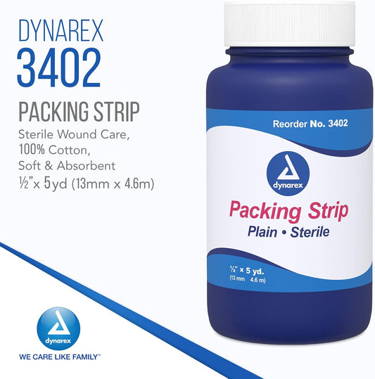 Dynarex Plain Packing Strip, Sterile Wound Care, 100% Cotton Woven Medical Packing Strip, Soft & Absorbent, 1/2” X 5 Yd, 1 Case Of 12 Packing Strip In Jars