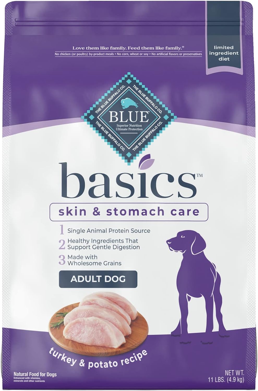 Blue Buffalo Basics Skin & Stomach Care, Natural Adult Dry Dog Food, Turkey & Potato 11-lb