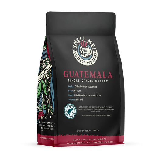 Bones Coffee Company Guatamela Single-Origin Ground Coffee Beans | 12 oz Low Acid Medium Roast Gourmet Coffee | Flavored Coffee Gifts & Beverages (Ground)