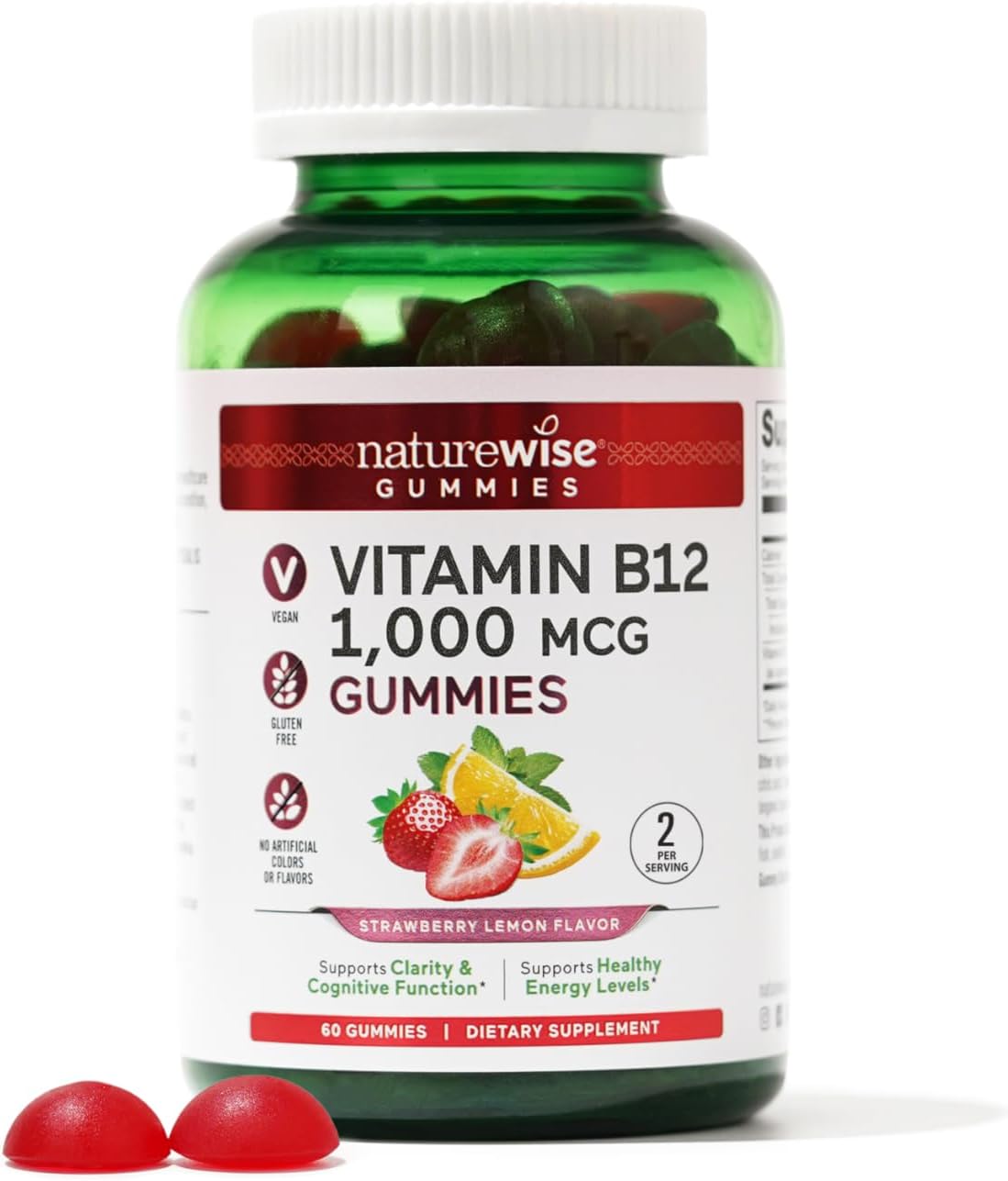 Naturewise Vitamin B12 Gummies For Adults, 1000 Mcg - Strawberry Lemon Flavor - Supports Daily Energy, Mental Clarity, Cognitive Function - Vegan, Gluten-Free, Non-Gmo - 60 Gummies[1-Month Supply]