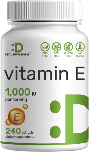 Deal Supplement Vitamin E Supplements, 1,000 Iu Per Serving, 240 Softgels – Extra Strength Antioxidant Protection – Bioavailable Stable Form – Skin, Heart, Brain, & Immune Support – Non-Gmo