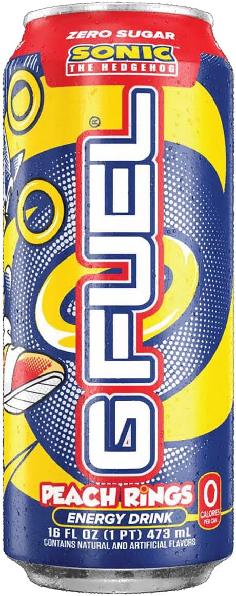 G Fuel Sonic Energy Drink, Sugar Free, Healthy Drinks, Zero Calorie, 300 Mg Caffeine Per Carbonated Can, Peach Ring Candy Flavor, Focus Amino, Vitamin + Antioxidants Blend - 12 Pack