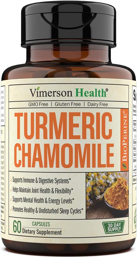 Chamomile Capsules for Sleep - Organic Turmeric and Chamomile Sleep Supplement with Chamomile Extract from Chamomile Flowers (Manzanilla) - Chamomile Supplement for Joint & Sleep Support. 60 Capsules
