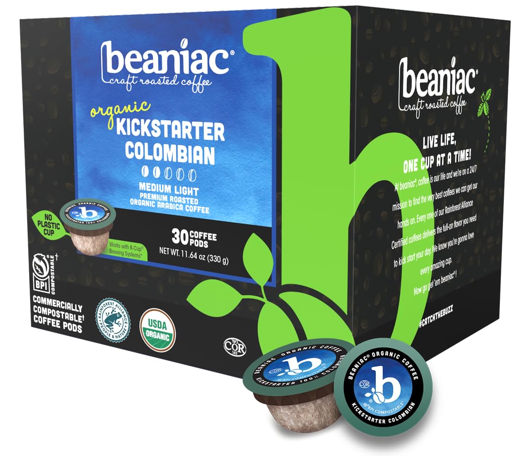 Beaniac Organic Kickstarter Colombian, Medium Light Roast, Single Serve Compostable K Cup Coffee Pods, Organic Arabica Coffee, Keurig Brewer Compatible, 30 Count