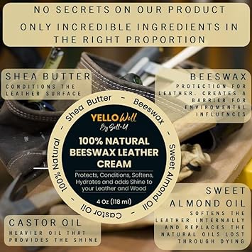 Yellowell | Natural Beeswax Leather Cream | 4 oz | Beeswax - Shea Butter - Sweet Almond Oil & Castor Oil | Restore, Soften and Protect Leather & Wood | : Automotive