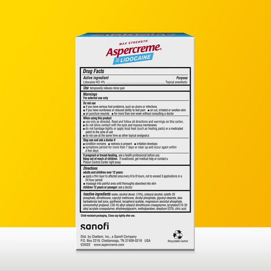Aspercreme Lidocaine Foot Pain Relief Cream For Diabetic Skin Soothes Nerves & Moisturizes Dry Feet, Numbing Topical Analgesic With Max-Strength Lidocaine & Moisturizing Aloe, 4 Oz