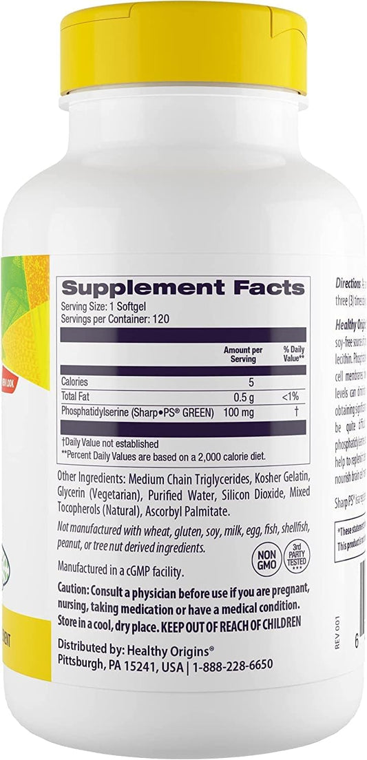 Healthy Origins PS (Phosphatidylserine), 100 mg - Phosphatidylserine Supplement - Derived from Sunower Lecithin - Brain and Memory Support - Non-GMO & Gluten-Free Supplement - 120 Softgels