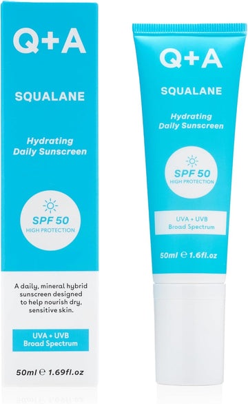 Q+A Squalane Hydrating Daily Sunscreen Spf 50: Fast-Absorbing, Non-Sticky, Broad-Spectrum Uva/Uvb, Nourishes Dry Skin, With Natural Squalane & Meadowfoam Oil, 95% Natural, Vegan, 50Ml