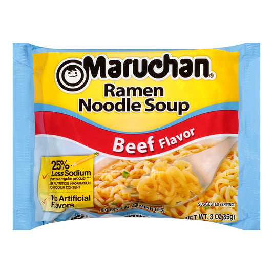 Maruchan Ramen Less Sodium Beef, Instant Ramen Noodles, Ready to Eat Meals, 3 Oz, 24 Count