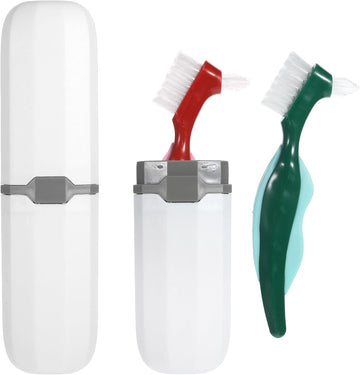 2 Pcs Denture Brush Multi-Layered Hard Bristles Toothbrush Portable Dental Cleaning Tools Double Sided Retainer Brushes with Case for Travel Camping Outdoor Gym Dental Care