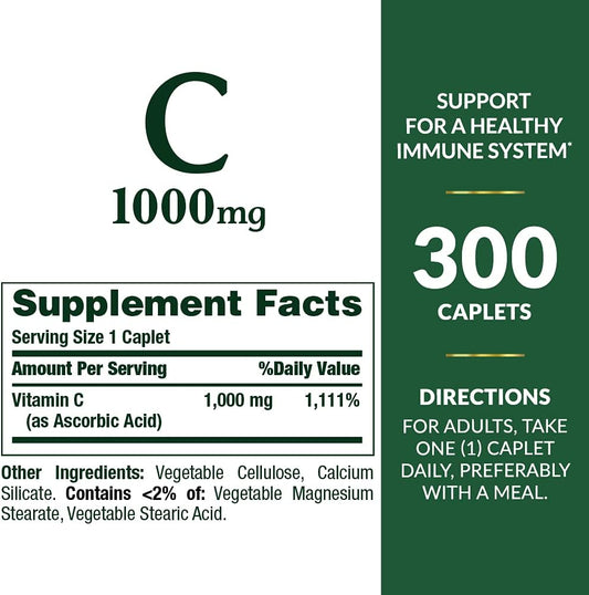 Nature's Bounty Vitamin C, Supports Immune and Antioxidant Health, Vitamin C Supplement, 1000mg, 300 Caplets