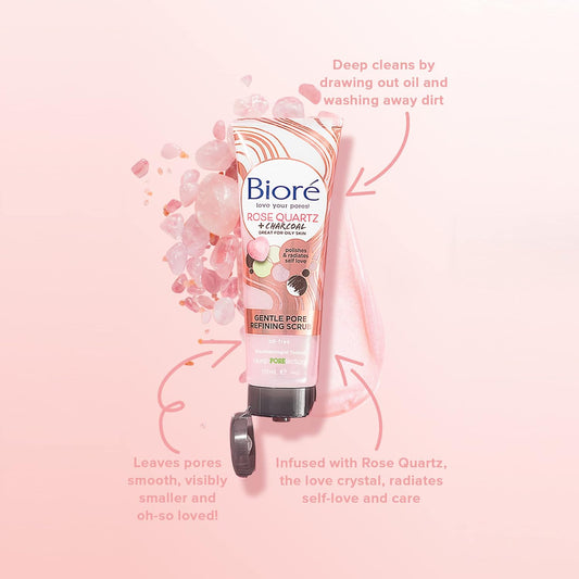 Bioré Rose Quartz + Charcoal Gentle Pore Refining Scrub, Pore Minimizing Facial Scrub, Oil Free, Dermatologist Tested, Non-Comedogenic, Cruelty Free, Vegan Friendly, 3-4 Oz Tubes