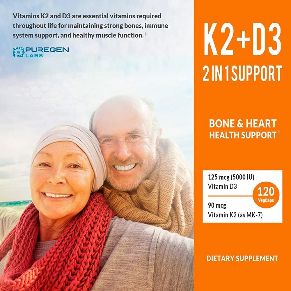 2 in 1 High Potency Formula 90mcg Vitamin K2 (MK7) and 5000 IU Vitamin D3 Supplement for Bone and Heart Health. Non-GMO Formula, Easy to Swallow Vitamin D & K Complex, 120 Capsules I 4-month supply : Health & Household