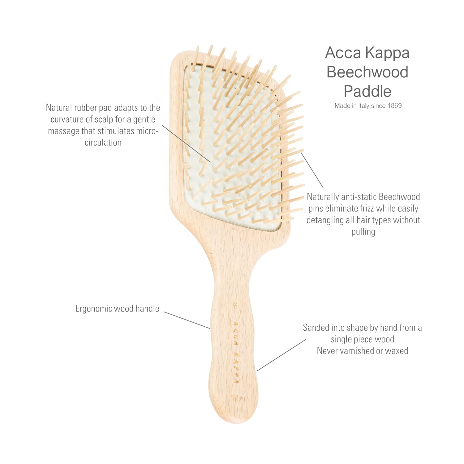 Acca Kappa Natural Paddle Hair Brush Wooden Pins Beechwood Anti-Static Scalp-Massage Detangler