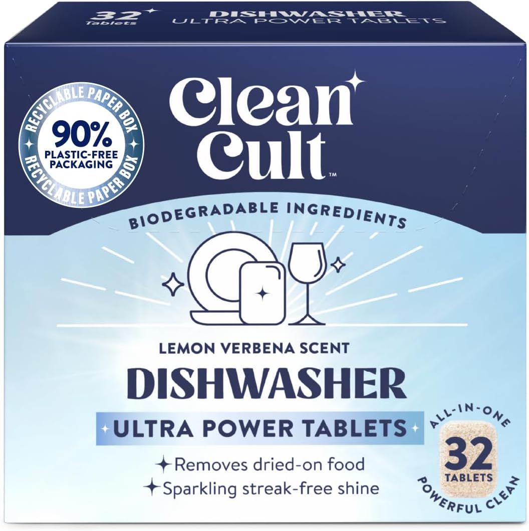 Cleancult Ultra Power Dishwasher Detergent Tablets for Sparkling Streak-Free Shine, All-In-One, Less Plastic Waste, 32 Count