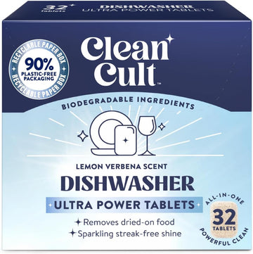 Cleancult Ultra Power Dishwasher Detergent Tablets for Sparkling Streak-Free Shine, All-In-One, Less Plastic Waste, 32 Count