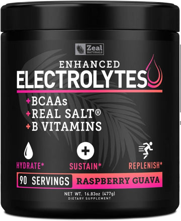 Enhanced Electrolyte Powder (Raspberry Guava 90Ct) Sugar Free + Bcaa, B-Vitamins & Real Salt® - Keto Electrolytes Drinks, Hydration Powder W Potassium, Sodium, Zinc, Magnesium For Hydration & Recovery