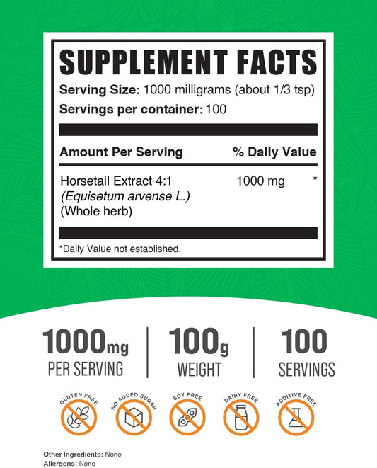 BulkSupplements.com Horsetail Extract Powder - Horsetail Supplement, from Horsetail Herb - Silica Supplements, Gluten Free, 1000mg per Serving, 100g (3.5 oz) (Pack of 1)