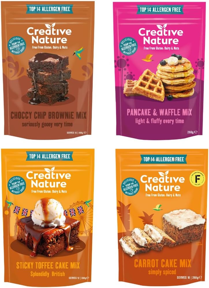 Gluten Free Cake Mix | Creative Nature Vegan Baking Mixes Variety Pack | Nut Free, Dairy Free | Pancake & Waffle, Sticky Toffee, Carrot Cake, Brownie | Top 14 Allergen Free | X4