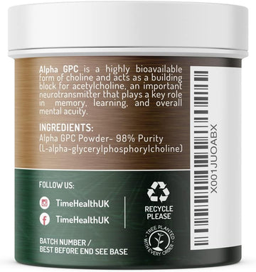 Alpha Gpc Powder - 98% Purity - Powerful Source Of Choline - Nootropic - Cognitive Enhancer - Uk Made - Zero Additives (40G Powder Tub)