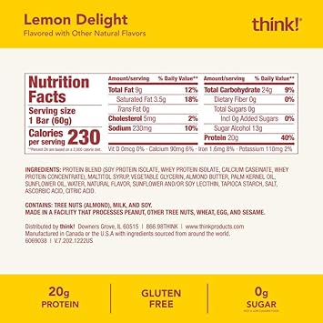 think! Protein Bars, High Protein Snacks, Gluten Free, Kosher Friendly, Lemon Delight, Nutrition Bars, 2.1 Oz per Bar, 10 Count (Packaging May Vary) : Grocery & Gourmet Food