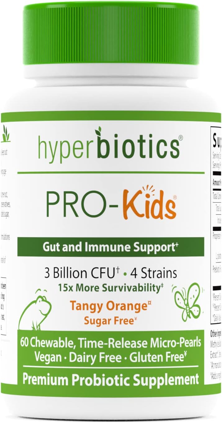 Hyperbiotics Pro Kids Probiotics | Vegan Daily Digestive Probiotic for Kids | Tiny Pearl Tablets | Easy to Swallow for Children | Gluten, Dairy & Sugar Free | Ages 3 & Up | Orange Flavor | 60 Count