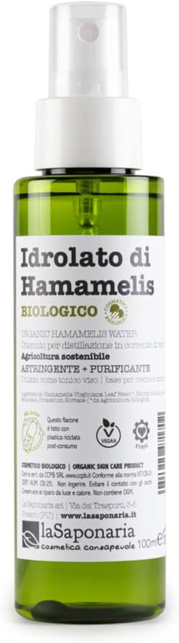 La Saponaria | Organic Hamamelis Hydrolate, Astringent, Decongestant Floral Water, Ideal For Impure And Oily Skin, 100 Ml