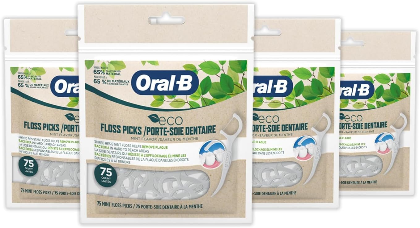 Oral-B Eco Sustainable Dental Floss Picks, Mint, 75 Picks (Pack Of 4)