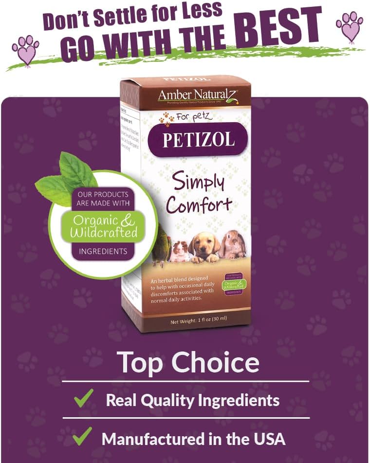 Amber Naturalz Petizol Simply Comfort Herbal Supplement For Dogs, Bird, Rabbit | Support For Occasional Discomforts And Normal Body Temperature | 4 Fluid Ounce Glass Bottle | Manufactured In The Usa : Pain Relief Rubs : Pet Supplies