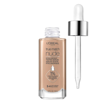 L'Oreal Paris True Match Nude Hyaluronic Tinted Serum Foundation With 1% Hyaluronic Acid, Light-Medium 3-4, 1 Fl. Oz