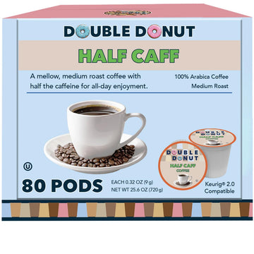 Double Donut Half Caff Coffee Pods, Single Serve Half Caffeine Coffee Pods For Keurig K Cup Brewers, Medium Roast, 80 Count