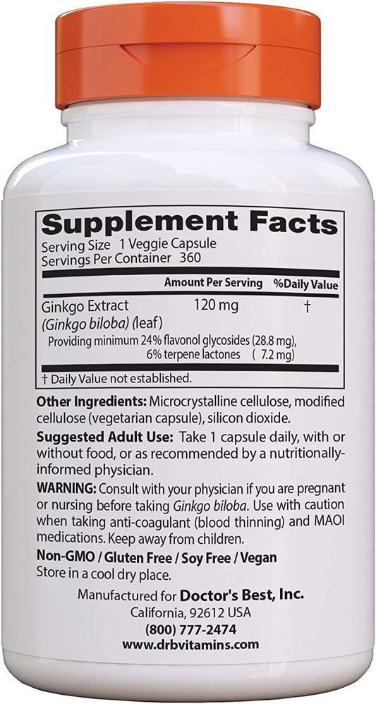 Doctor'S Best Extra Strength Ginkgo, Non-Gmo, Vegan, Gluten Free, Soy Free, Promotes Mental Function And Memory, 120 Mg, 360 Count (Pack Of 1)