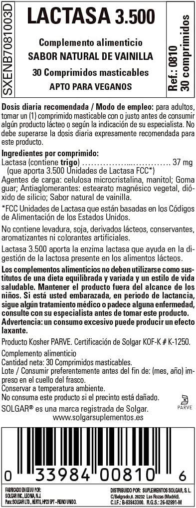 Solgar Lactase 3500 Chewable Wafers, 30 Count