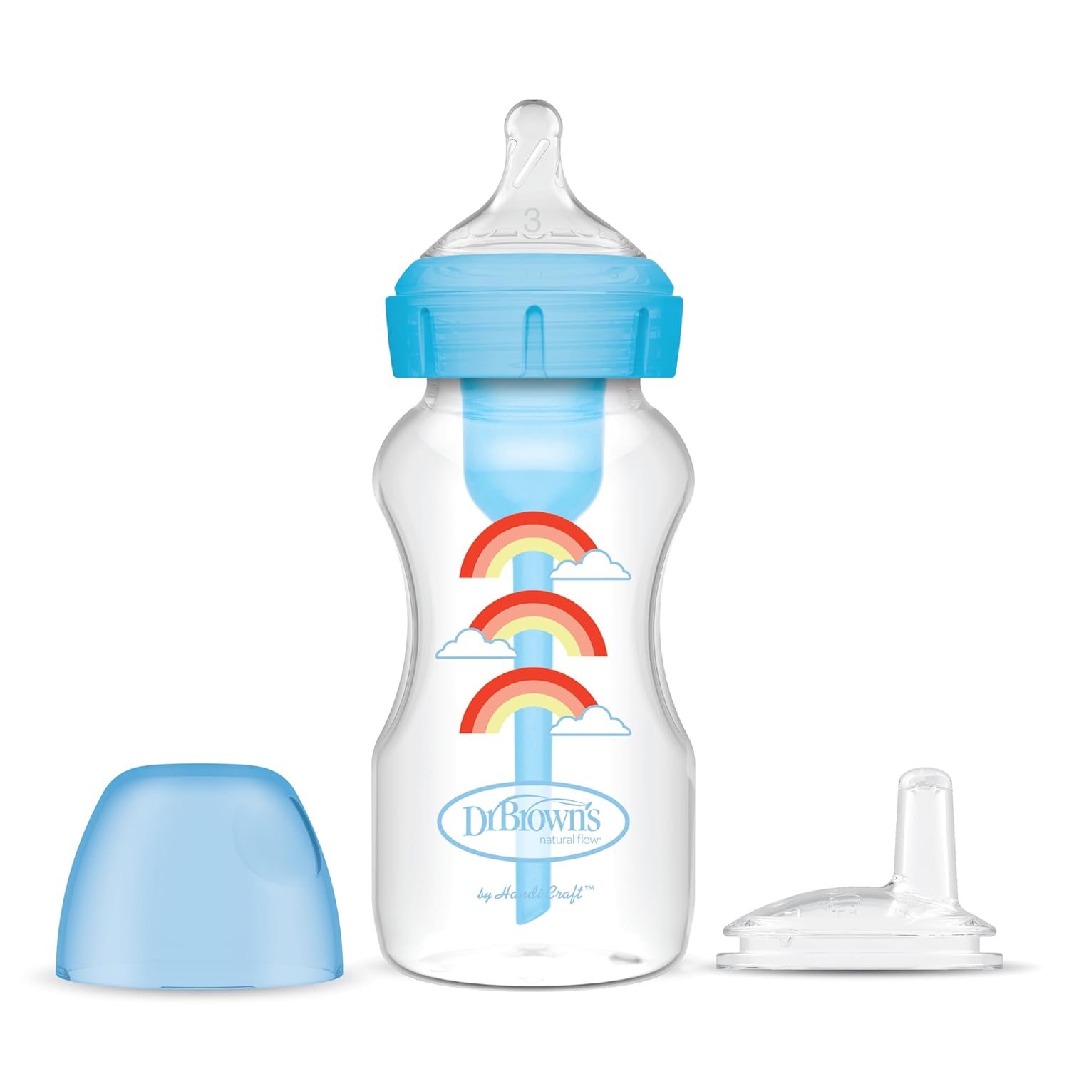 Dr. Brown'S Natural Flow Anti-Colic Options+Wide-Neck Sippy Bottle Starter Kit, 9Oz/270Ml, With Level 3 Medium-Fast Flow Nipple And 100% Silicone Soft Sippy Spout, Blue, 6M+