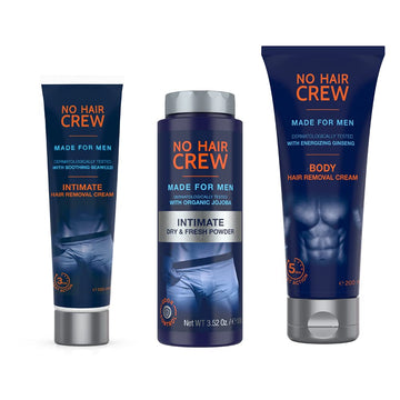 No Hair Crew | The Mega Bundle | Intimate And Body Hair Removal Creams With Intimate Dry & Fresh Powder | Made For Men