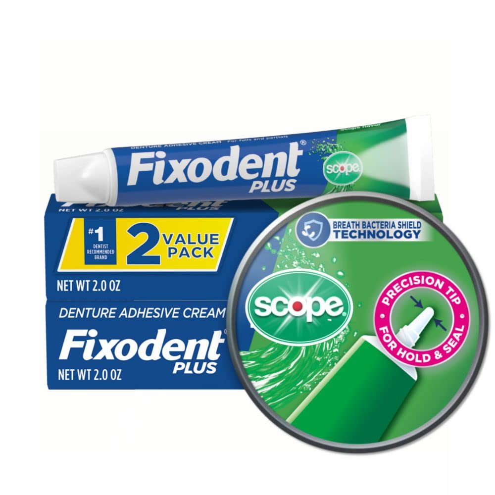 Fixodent Denture Adhesive Cream Plus Scope, 2 Ounce, Pack Of 2 (Packaging May Vary)