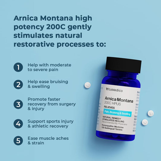 Vitamedica Arnica Montana 200C Rapid Dissolve Tablets For Natural Pain, Bruising, And Swelling Support - High Potency Homeopathic Medicine For Injury And Surgery Recovery - 150 Ct - 50 Servings