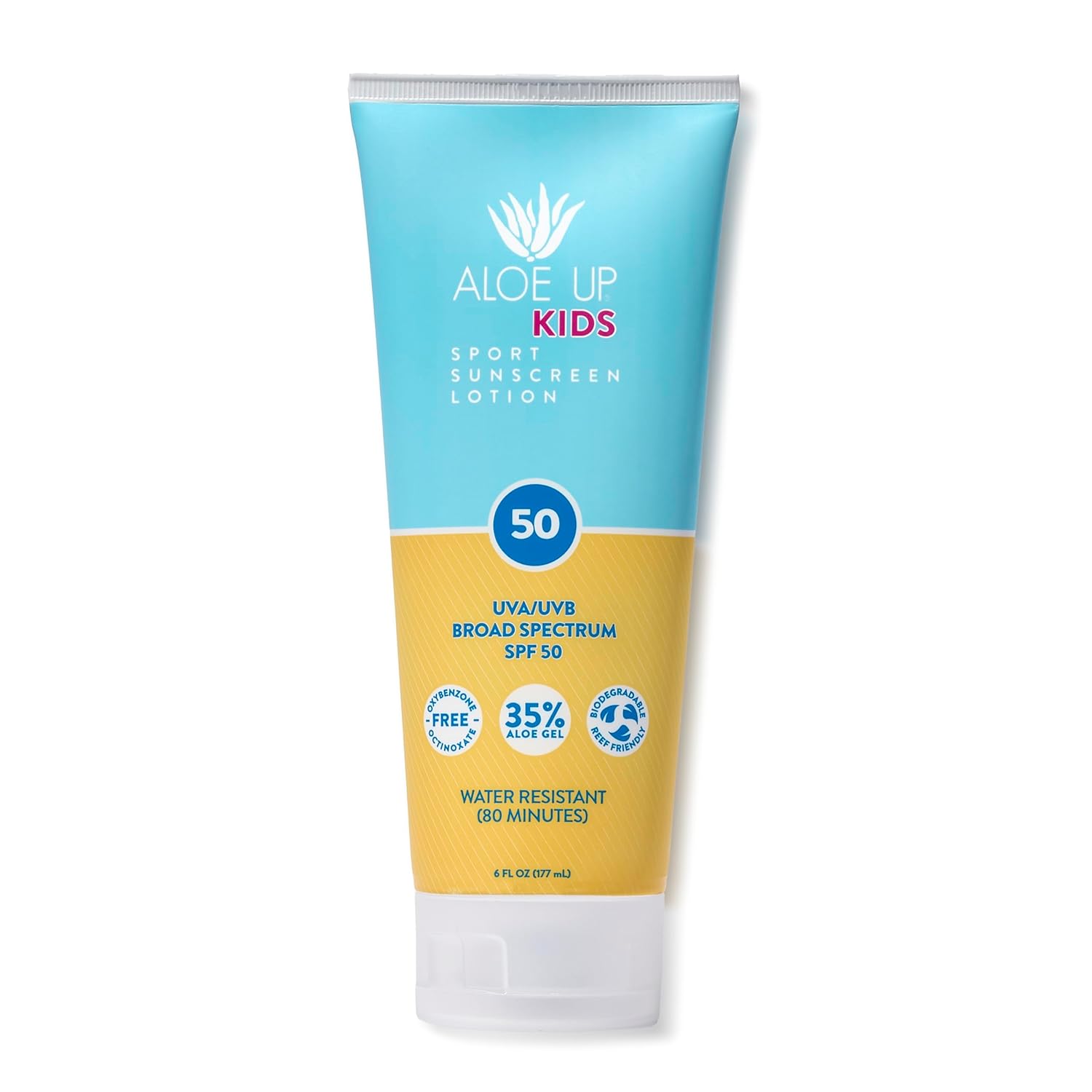 Aloe Up Kids Sport Sunscreen Lotion SPF 50 - Broad Spectrum Sheer Face and Body Sunscreen Protector for Sensitive Skin - With Aloe Vera Gel - Dries Fast - Reef Safe - Fragrance-Free - 6 Oz