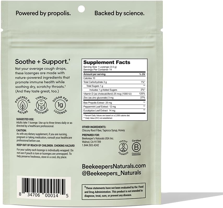 Beekeeper'S Naturals Soothing Honey Elderberry Cough Drops Immune Support With Vitamin D, Zinc And Propolis Throat Soothing Lozenges, 14 Ct : Health & Household