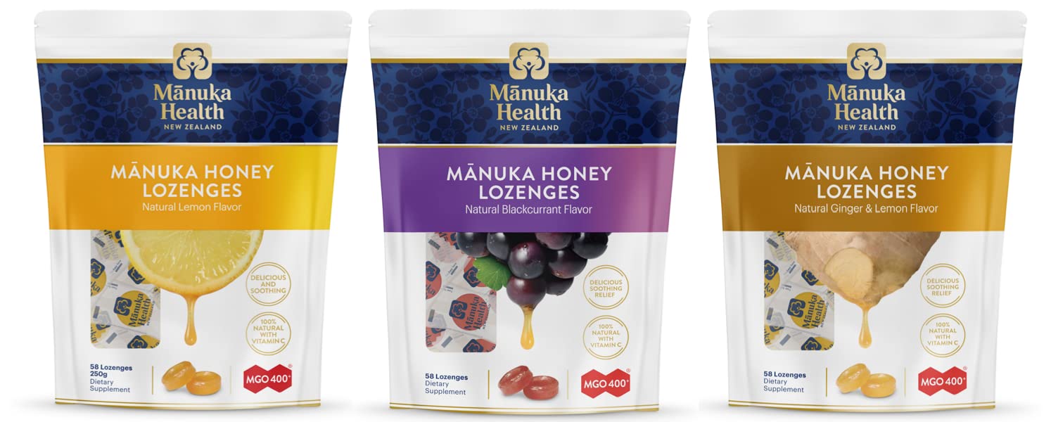 Manuka Health, Mgo 400+ Manuka Honey Lozenges, 3 Pack, Value Size, Lemon, Blackcurrant, Lemon & Ginger, 58 Lozenges/Bag, 8.8 Oz/Bag