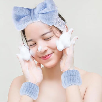 SOFT SPA Headband & Wrist Wash Bands Set – Cute Elastic Skincare Headbands & Absorbent Wristbands for Washing Face, Makeup, and Skincare