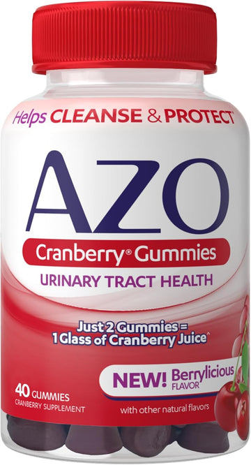 Azo Cranberry Urinary Tract Health Gummies Dietary Supplement 2 Gummies = Glass Cranberry Juice Helps Cleanse Protect Natural Berrylicious Flavor Gummies, Non-Gmo, 40 Count