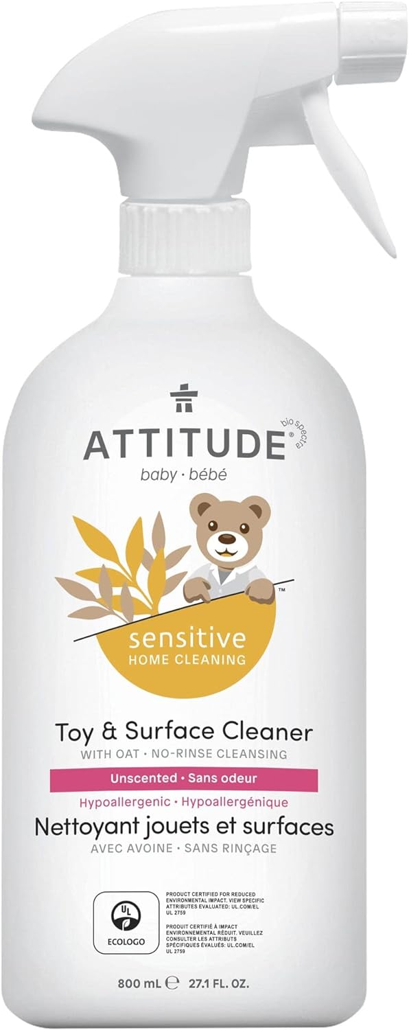 Attitude Toy And Hard Surface Cleaner, Plant- And Mineral-Based Ingredients, Vegan, Cruelty-Free, Baby And Kids Household Products, Sensitive Skin, Unscented, 27.1 Fl Oz