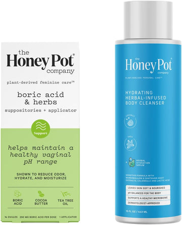 The Honey Pot Company - Suppositories & Coconut Shea Body Cleanser Bundle - Maintains & Balances Healthy Vaginal Ph - Body Wash To Moisturize & Cleanse Skin - Gynecologist Approved