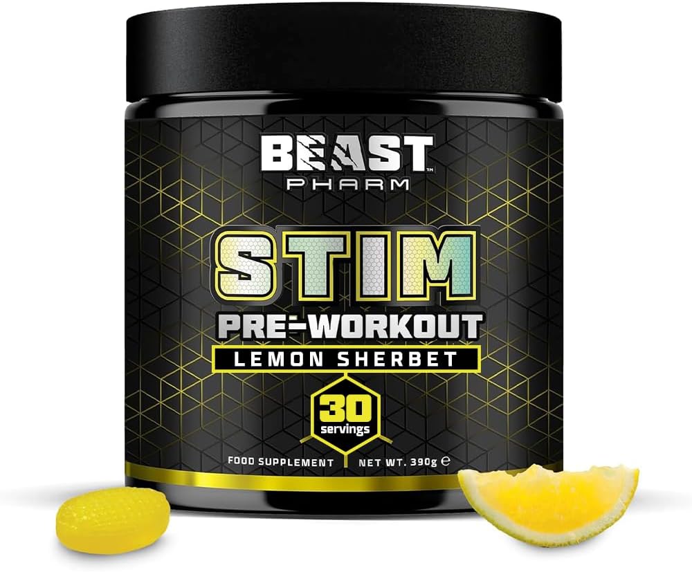 Beast Stim Pre Workout Powder - 30 Servings - Gym Beta Alanine Preworkout - Lemon Sherbet