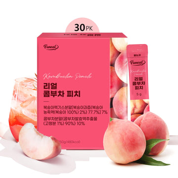 Funeat Real Kombucha Peach Flavor, Zero Sugar, Sparkling Fermented Powered Mix Beverage From Korea, 30 Sticks, 5 Ounce
