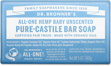 Dr. Bronner's - Pure-Castile Bar Soap (Baby Unscented, 5 ounce) - Made with Organic Oils, For Face, Body and Hair, Gentle for Sensitive Skin and Babies, No Added Fragrance, Biodegradable, Vegan